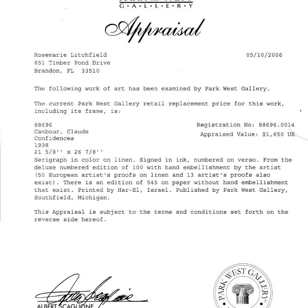 "Confidences" by Claude Cambour Serigraph Framed and Matted - Picture 5 of 6